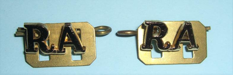 RA ( Royal Artillery ) Matched Anodised Small Pattern Officers Shoulder Titles with Backing Plates and Pins