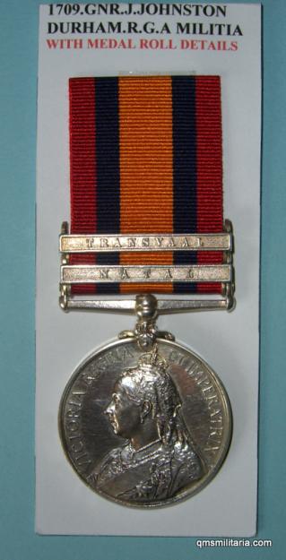 2 Bar Full Size QSA Boer War Medal to Johnston, Durham R.G.A. Artillery Militia