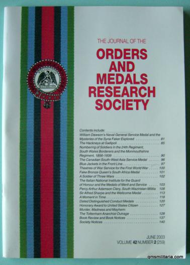 Orders & Medals Resarch Society ( OMRS ) Journal  - June 2003