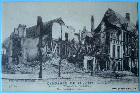 WW1 Postcard - early war damage to Chatellenie Hotel, Ypres, Belgium