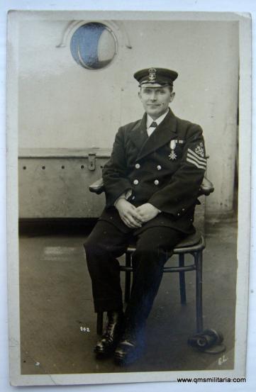 Post WW1 Postcard of Petty Officer of the Royal Navy wearing his 1914 - 15 Star