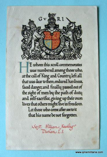 Original WW1 Memorial Scroll - Sergeant William Rawling, 10th ( Service Battalion ) Durham Light infantry ( DLI ) - Somme casualty