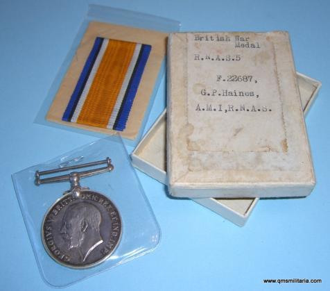 British War Medal to Royal Naval Air Service ( R.N.A.S. ) George Praerer Haines (Stratford -on Avon, Warwickshire) - his only medal and with box of issue