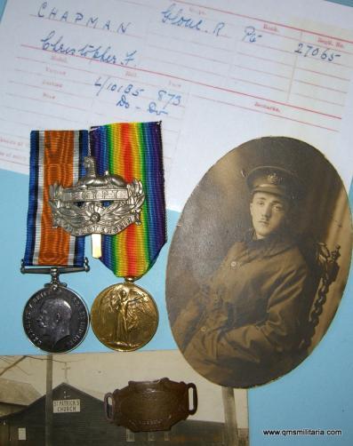 WW1 Pair of Medals to 14th ( Bantams ) Gloucestershire Regiment - Chapman, plus photos, brass ID bracelet and cap badge
