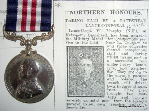 WW1 Military Medal  - Daring Raid by a Gateshead Lance - Corporal - 10th Northumberland Fusiliers - Murphy