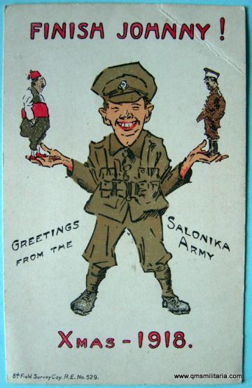 WW1 Comic Postcard - Finish Johnny! Xmas 1918 - produced by 8th Field Survey Company, Royal Engineers