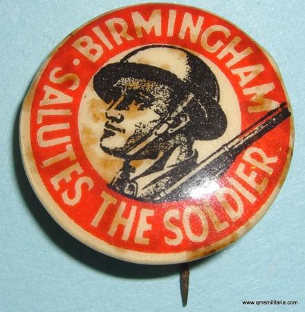 WW2 Birmingham Salutes The Soldier Fund Raising Home Front Celluloid Tin Button Badge