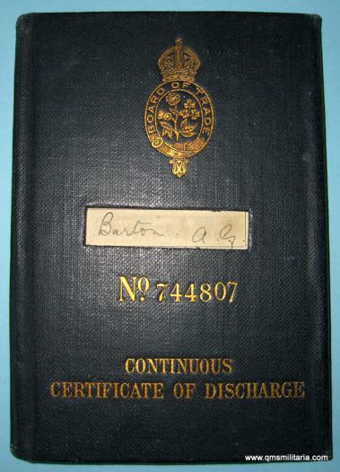 WW1 era Board of Trade Merchant Navy Seaman's Continuous Certificate of Discharge - Albert George Barton - White Star Line