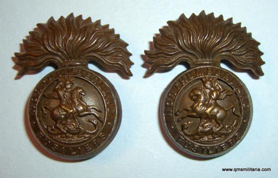 WW1 Northumberland Fusiliers ( NF ) Officer's OSD Matched Facing Pair of Bronze finish  Collar Badges