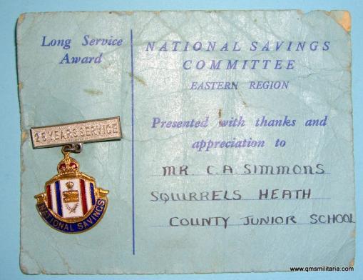 Scarce 25 Year National Savings Medal award on card of issue - Essex