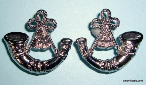 Light Infantry Chromed White Metal Facing Pair of Collar Badges