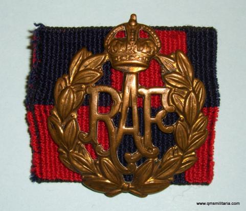 Royal Air Force ( RAF ) Brass King's Crown Cap Badge mounted on scarce No 4 School of Technical Training Checked Backing Cloth
