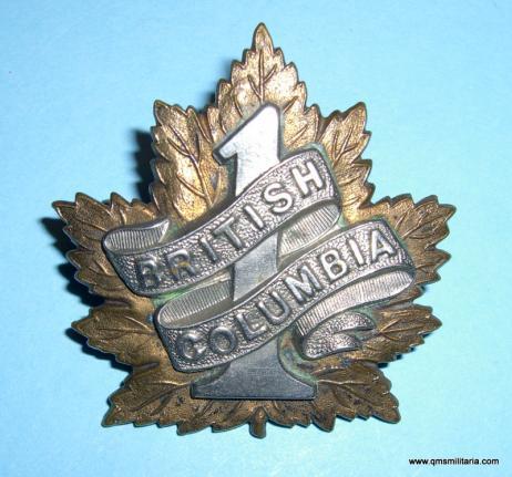 WW1 Canadian 1st British Columbia Bn CEF bi-metal cap badge - Hicks London