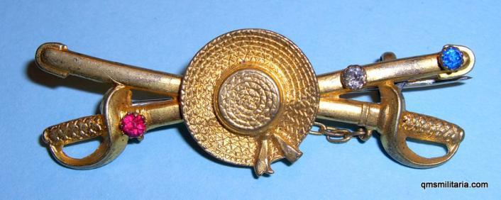 Attractive fire gilt Victorian Royal Naval Sweetheart Brooch - straw boater on crossed cutlasses
