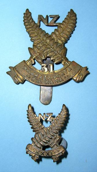 WW1 New Zealand Expeditionary Force - 31st Reinforcements Brass Cap and Single Collar Badge Set