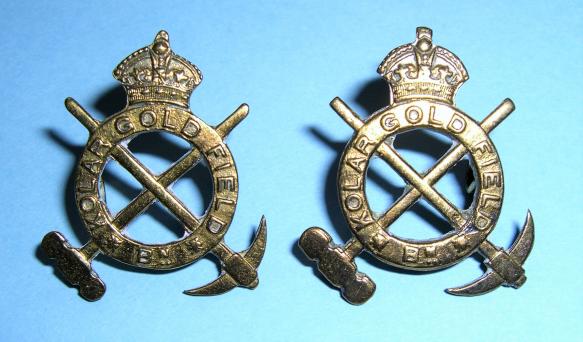Indian Army ( AFI ) Kolar Gold Fields Battalion Matched Pair of Officer 's Gilt Collar Badges, 1917 - 1947