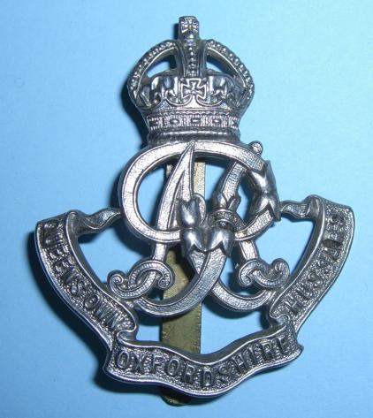 Queens Own Oxfordshire Hussars ( QOOH ) White Metal Cap Badge, Scarce King's Crown pattern