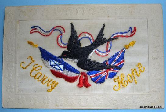 WW1 Patriotic Embroidered Silk Postcard with Swallow and British and French Flags