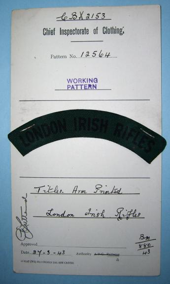 WW2 Printed LONDON IRISH RIFLES Black on Green Cloth Shoulder Title on 1943 dated Official Clothing Pattern Card