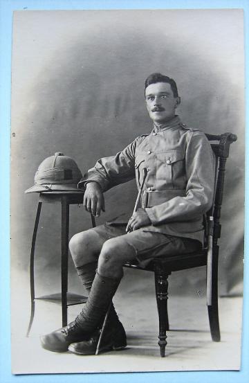 WW1 Photo of Private Soldier Foreign Service Dress and Wolseley Helmet with Regimental Flash ( Suffolk Regiment ?)