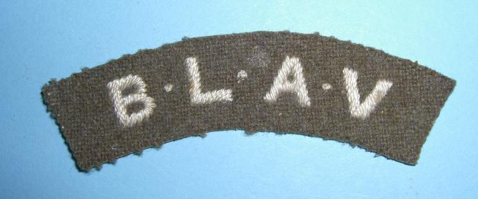 Scarce WW2 B.L.A.V British Latin American Volunteers Nationality Woven White on Khaki Cloth Shoulder Title