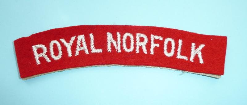 Royal Norfolk Regiment Woven White on Red Felt Cloth Shoulder Title