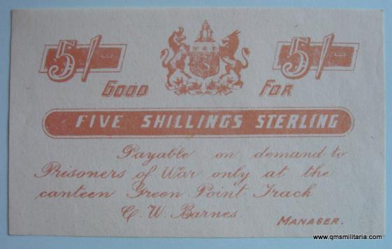 Boer War POW Currency - Green Point Track Camp - 5 Shillings Paper Canteen Note