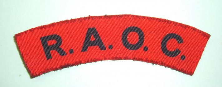 WW2 Printed R.A.O.C. Royal Army Ordnance Corps Blue on Scarlet Cloth Shoulder Title