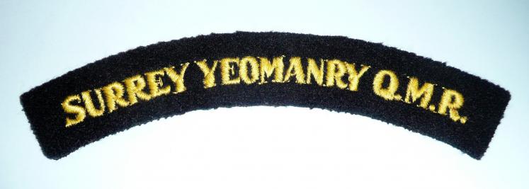 Surrey Yeomanry QMR Embroidered Yellow on Black Felt Cloth Shoulder Title