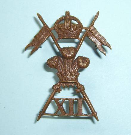12th Lancers ( Prince of Wales's Royal ) Officer's OSD Bronze King's Crown Cap Badge - 3 Tabs