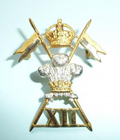 12th Royal Lancers Officers Silver Plated and Gilt Cap Badge, King's Crown