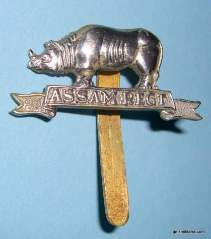 Indian Army - Assam Regiment Silver plated Officers Cap badge with long slider for pagri wear - maker marked