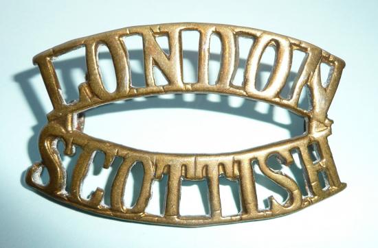 WW1 London Scottish (14th County of London Regiment)  Brass Shoulder Title - Marker Marked - F Narborough