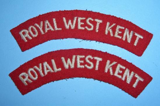Royal West Kent Regiment White on Red Embroidered Cloth Matched Pair of Shoulder Titles