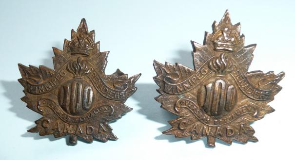 Canada WW1 - 100th CEF Battalion (Winnipeg Grenadiers) Matched Pair of Bronze Collar Badges - Dingwall Winnipeg