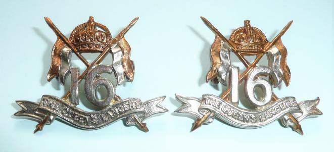 16th The Queens Own Lancers Pair of Bi-metal Collar Badges, Kings Crown per 1952.