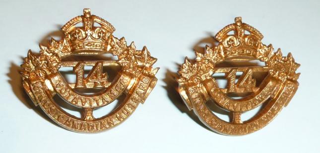 14th Kings Canadian Hussars Matched Pair of Gilding Metal Collar Badges