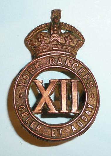 Canadian 12th York Rangers Copper Brass Cap Badge - Ellis