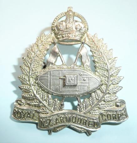 New Zealand Royal Armoured Corps White Metal Cap Badge, King's Crown