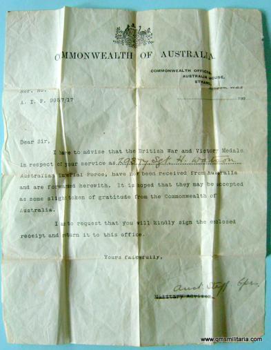 WW1 ORIGINAL AUSTRALIAN IMPERIAL FORCE MEDAL SLIP Letter - 29377 SGT H WATSON 2 Divisional Artillery Column AIF