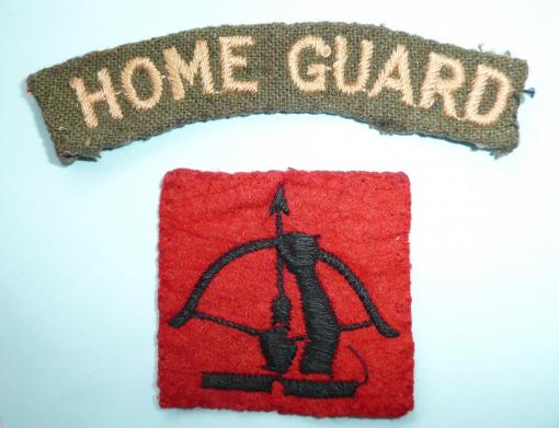 WW2 Home Guard White on Khaki Embroidered Cloth Shoulder Title with Embroidered Anti Aircraft Formation Sign