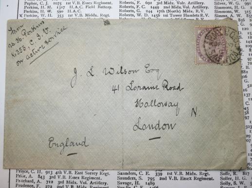 Boer War City Imperial Volunteers (CIV) Boer War Envelope Cover - Perkins 1st Volunteer Battalion The Middlesex Regiment