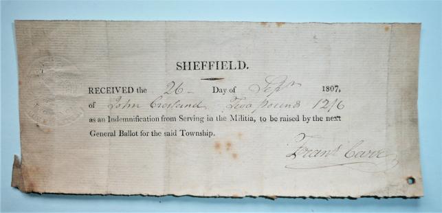 Napoleonic Wars - Sheffield (Yorkshire) Militia Ballot Exemption Certificate Receipt 1807