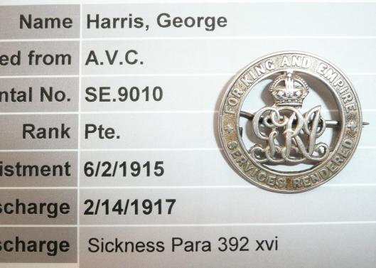 WW1 Silver War Badge (SWB) to George Harris, Army Veterinary Corps (AVC)