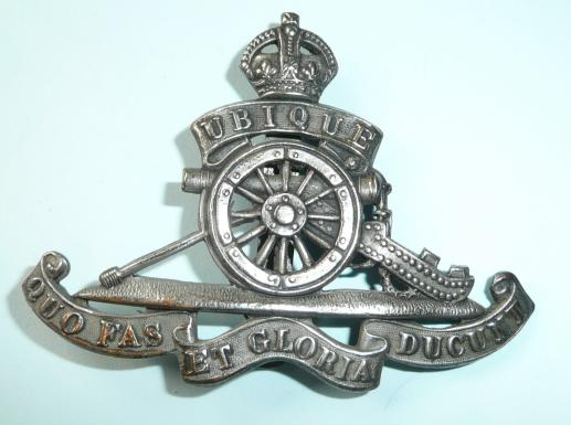 Silver Plated Royal Artillery Full Size Cap Badge, Kings Crown