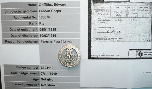 WW1 Silver War Badge (SWB) to Edward Griffiths, Labour Corps