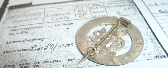 WW1 Silver War Badge (SWB) to Edward Griffiths, Labour Corps