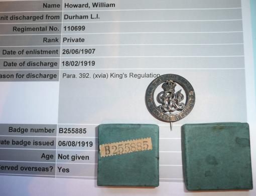 WW1 Silver War Badge (SWB) to Pte William Howard - An Old Contemptible, Durham Light Infantry (DLI) / Welsh Regiment / 18th Yorks - In original numbered box of issue