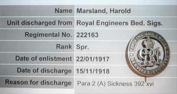 WW1 Silver War Badge (SWB) to Pte Harold Marsland, Royal Engineers / Bedford Signals (SSTC)