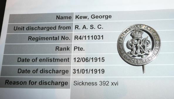 WW1 Silver War Badge (SWB) to Pte George Kew, RASC (Royal Army Service Corps) - Remounts